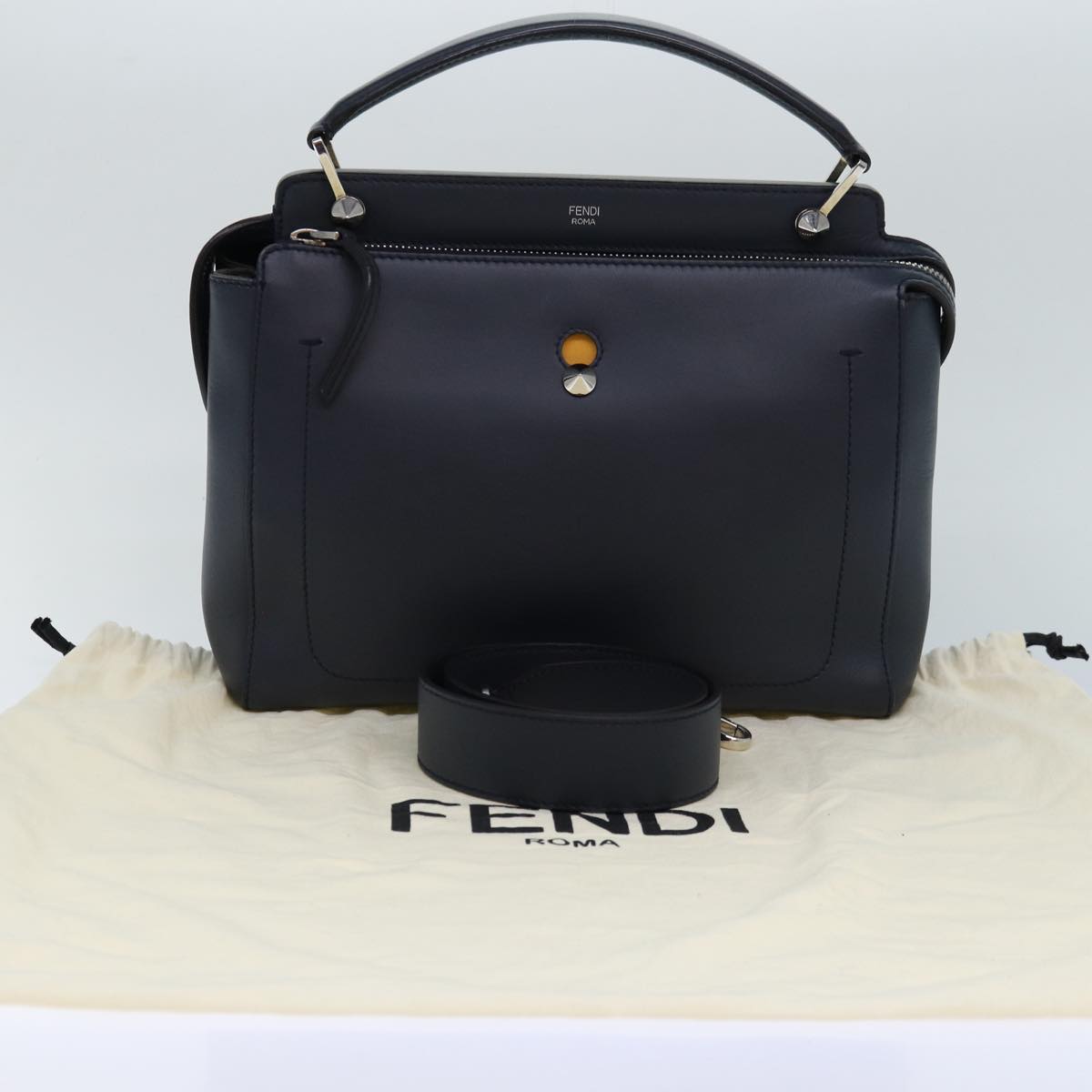 FENDI Dot Com Hand Bag Leather 2way Navy Auth ar12222