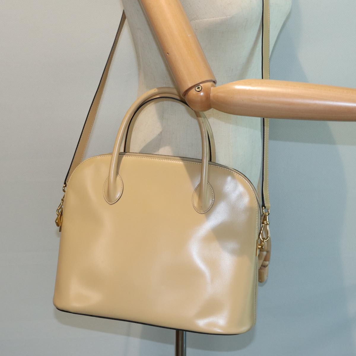 CELINE Hand Bag Leather 2way Beige Auth ar12229