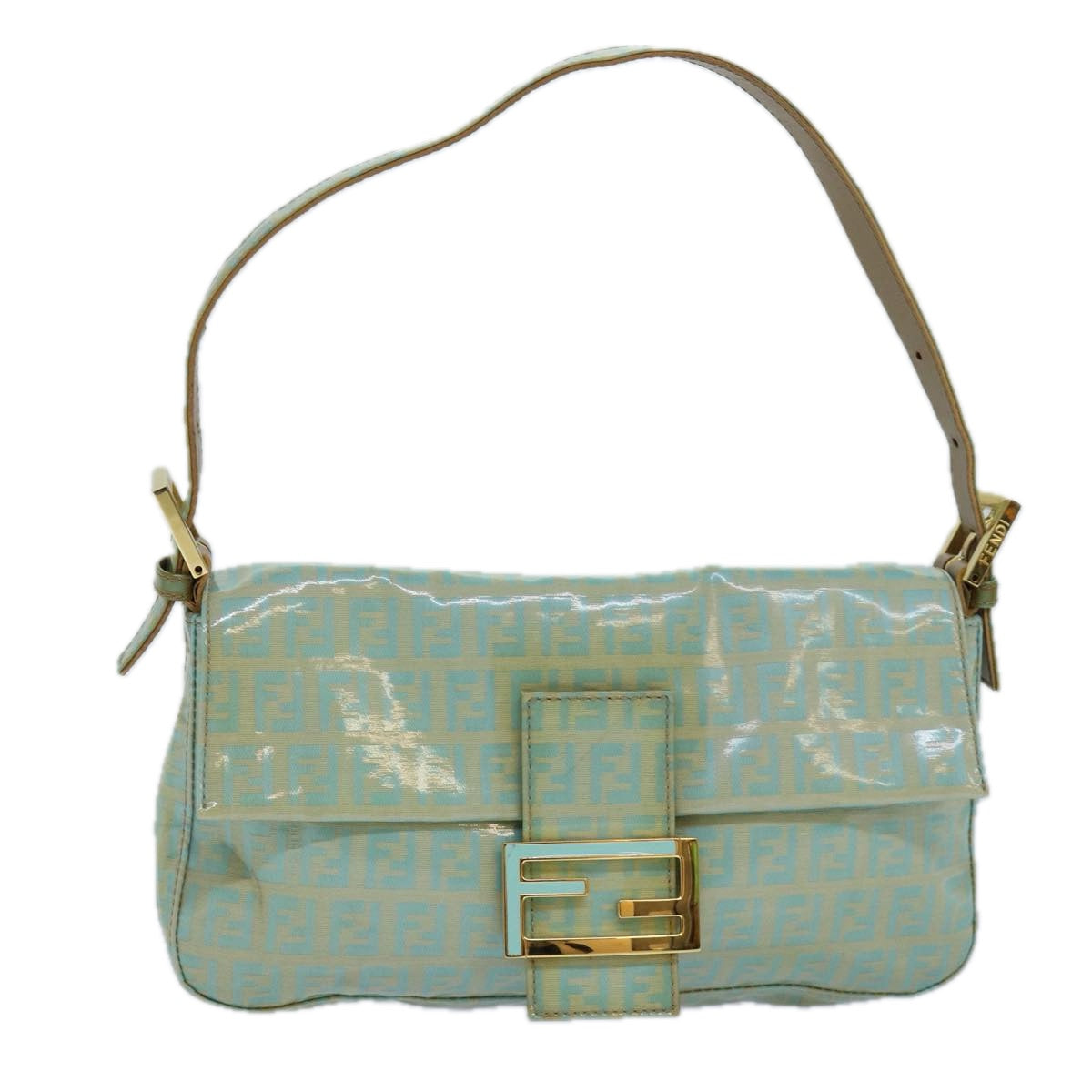 FENDI Zucchino Canvas Mamma Baguette Shoulder Bag Light Blue Auth ar12256