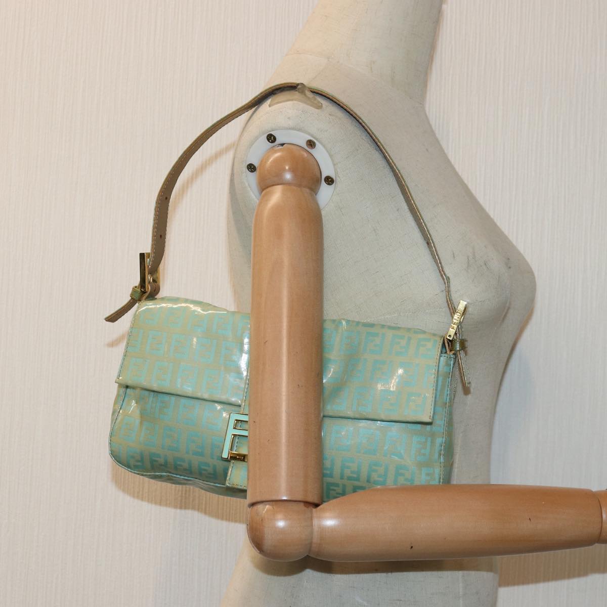 FENDI Zucchino Canvas Mamma Baguette Shoulder Bag Light Blue Auth ar12256