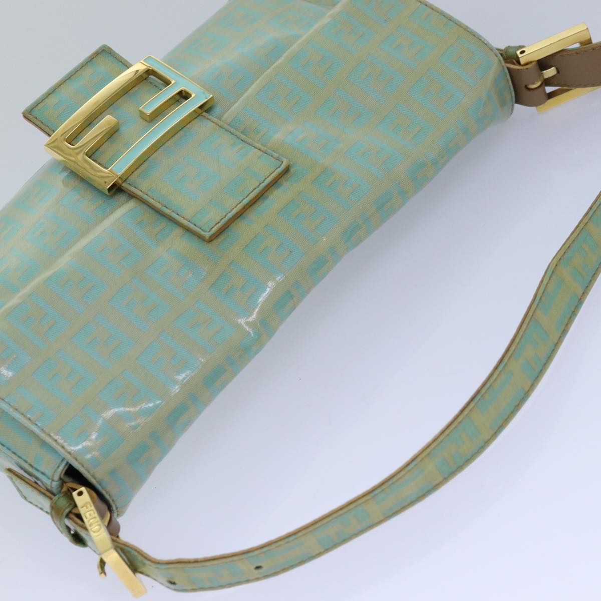 FENDI Zucchino Canvas Mamma Baguette Shoulder Bag Light Blue Auth ar12256