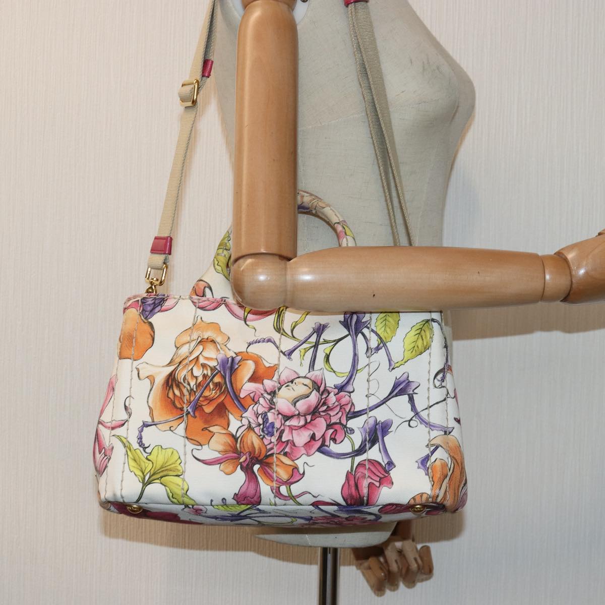 PRADA Flower Pattern Canapa PM Hand Bag Canvas 2way Multicolor Auth ar12288