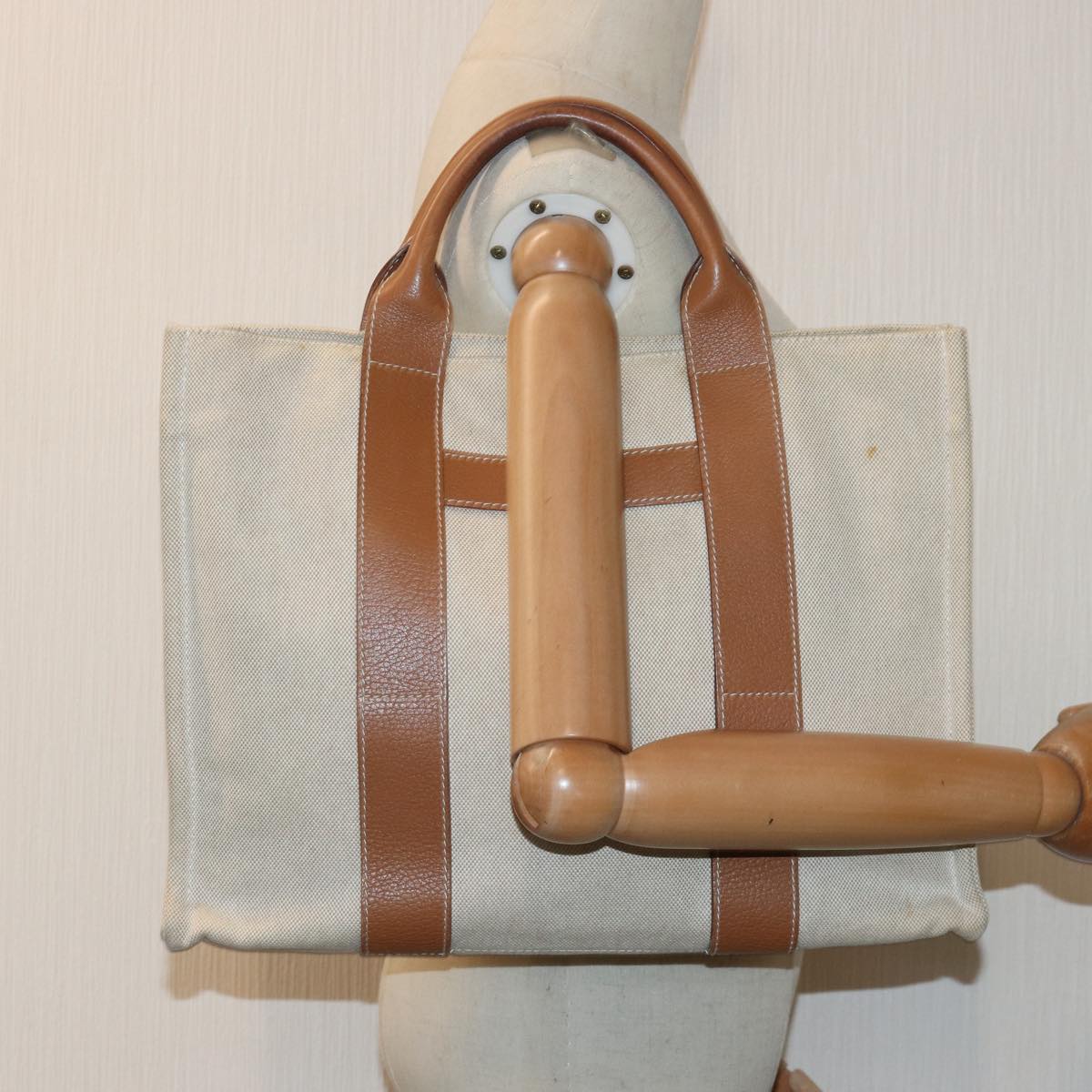 HERMES Sac Arne MM Hand Bag Canvas Leather Beige Auth ar12290