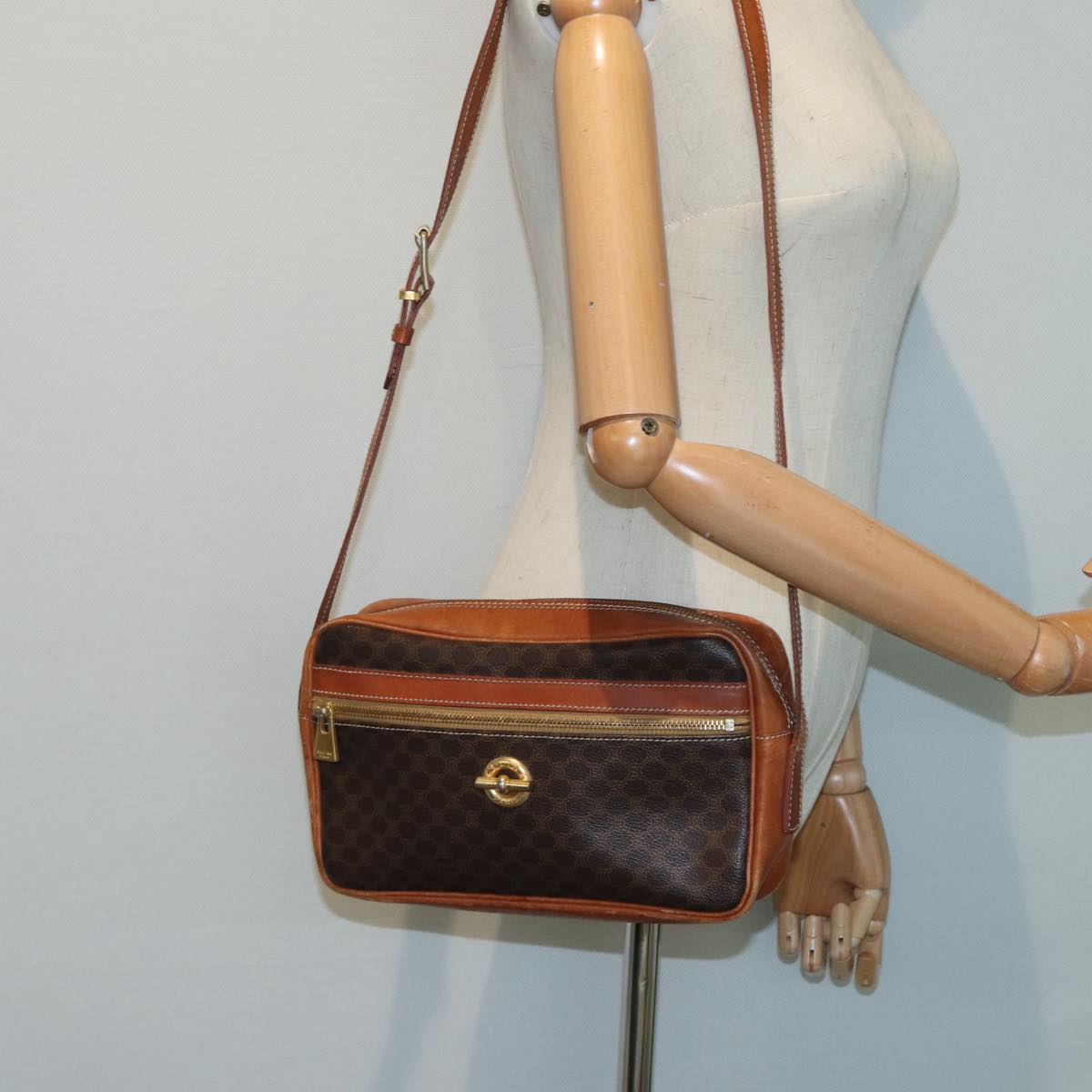 CELINE Macadam Canvas Shoulder Bag PVC Leather Brown Auth ar12296