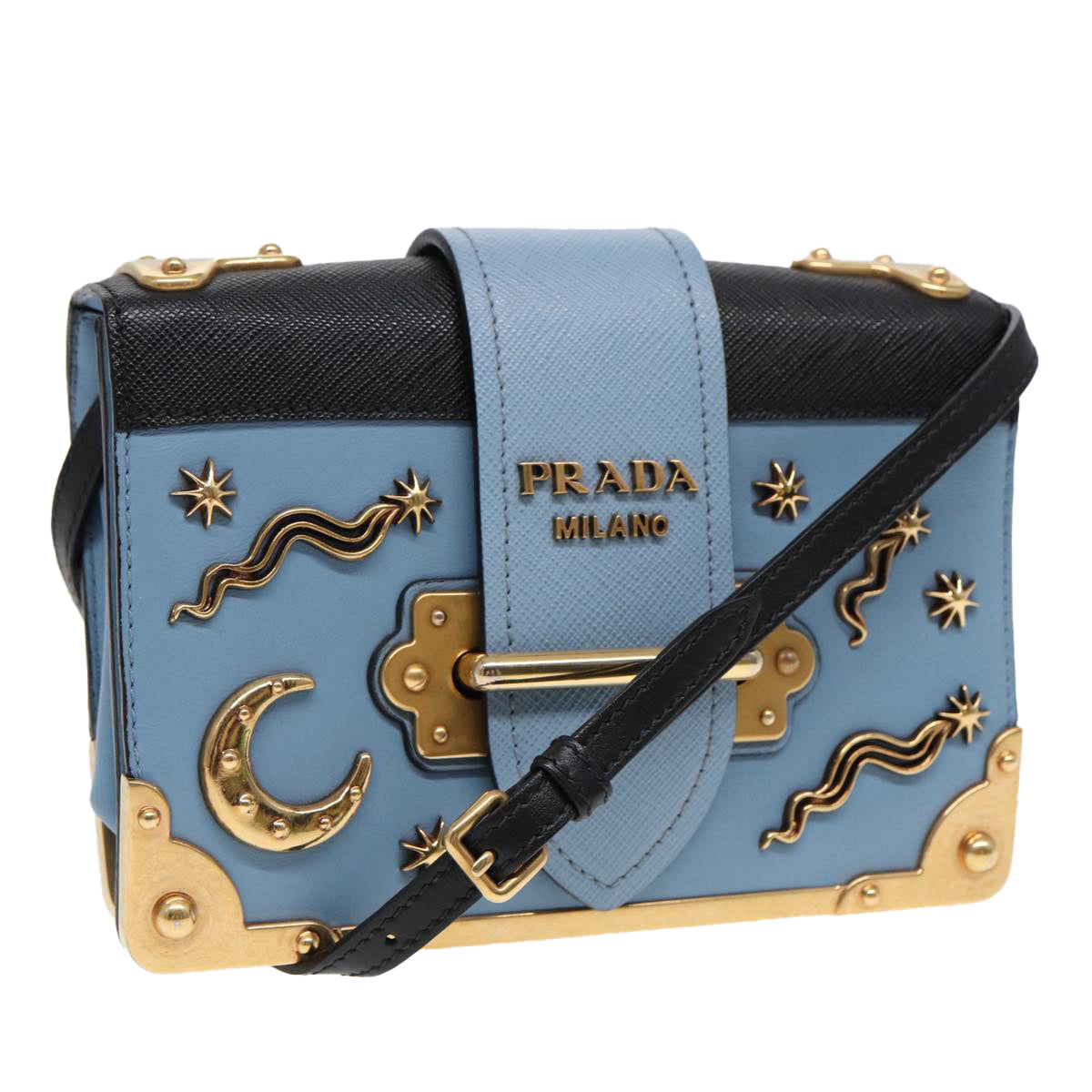 PRADA Shoulder Bag Safiano leather Blue Gold Auth ar12338A