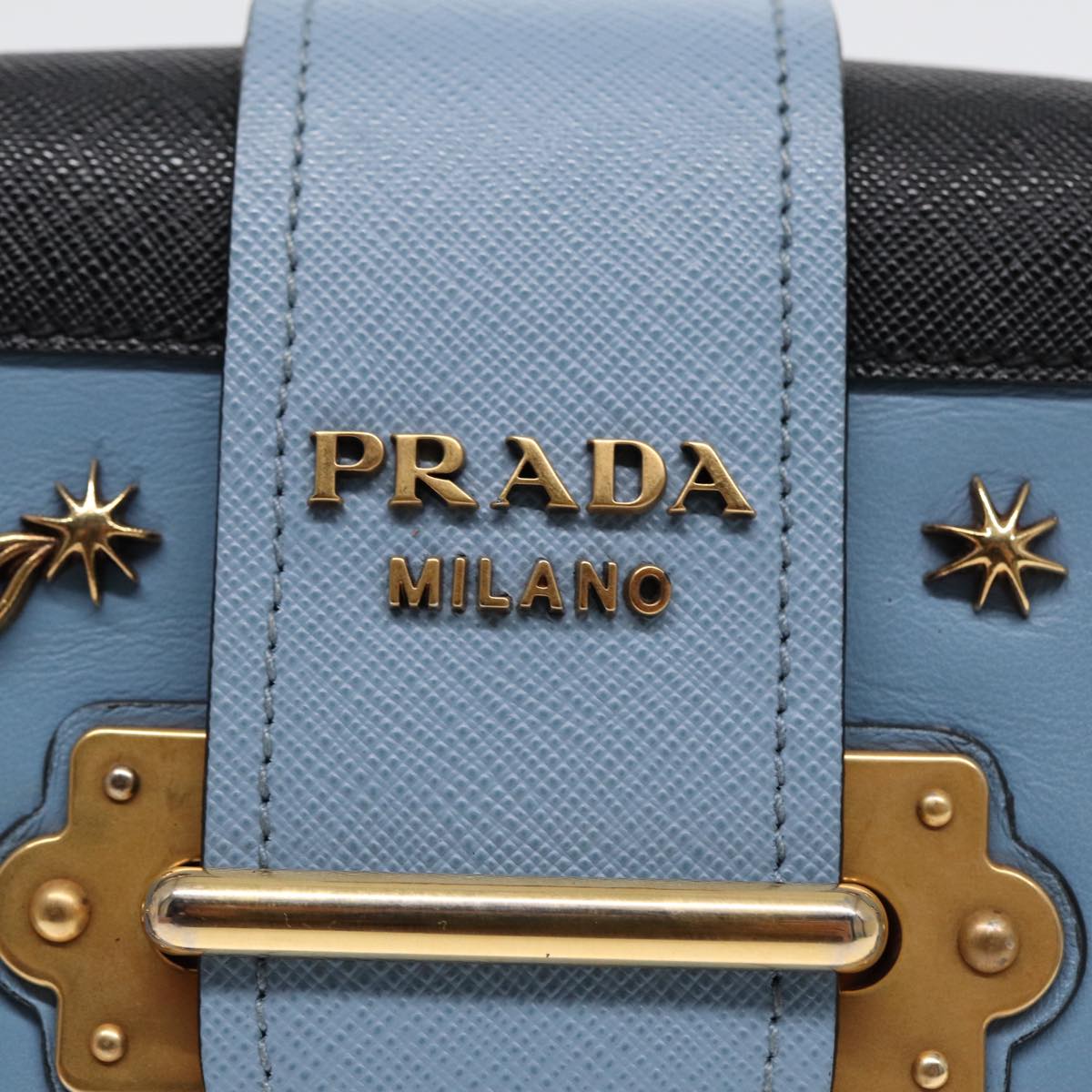 PRADA Shoulder Bag Safiano leather Blue Gold Auth ar12338A