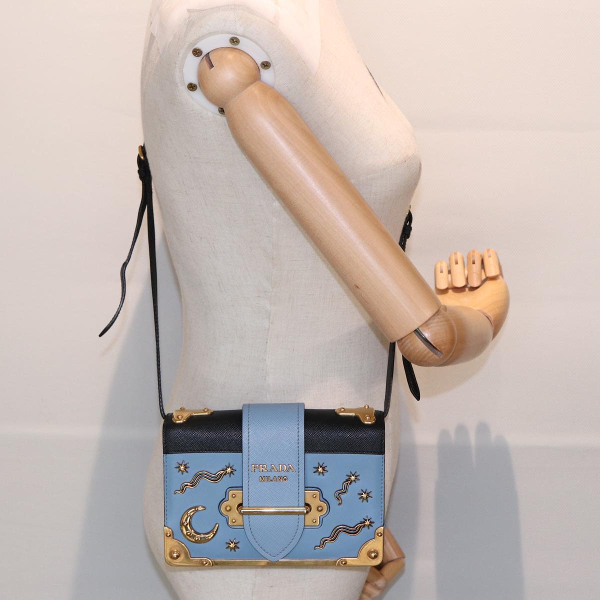 PRADA Shoulder Bag Safiano leather Blue Gold Auth ar12338A