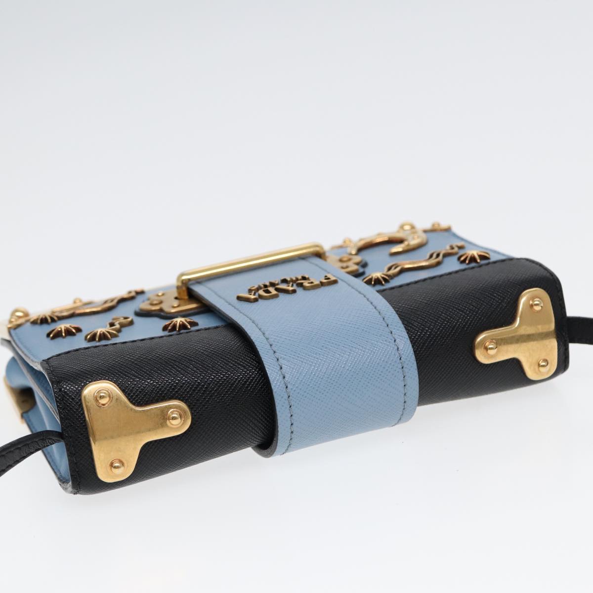 PRADA Shoulder Bag Safiano leather Blue Gold Auth ar12338A