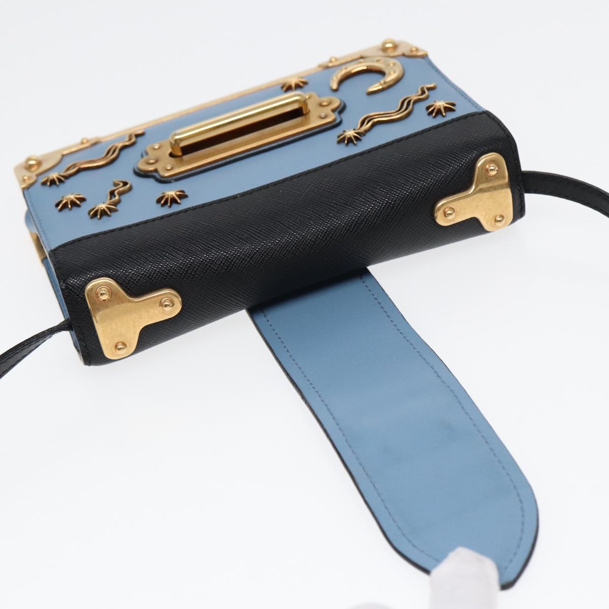 PRADA Shoulder Bag Safiano leather Blue Gold Auth ar12338A