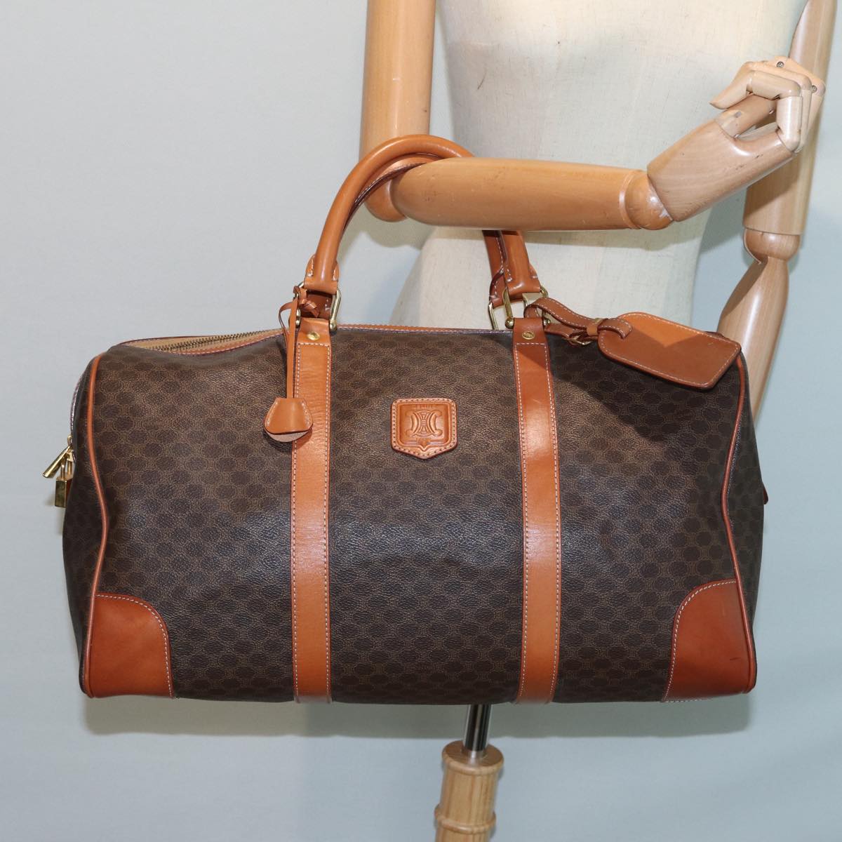 CELINE Macadam Canvas Boston Bag PVC Leather Brown Gold Auth ar12369