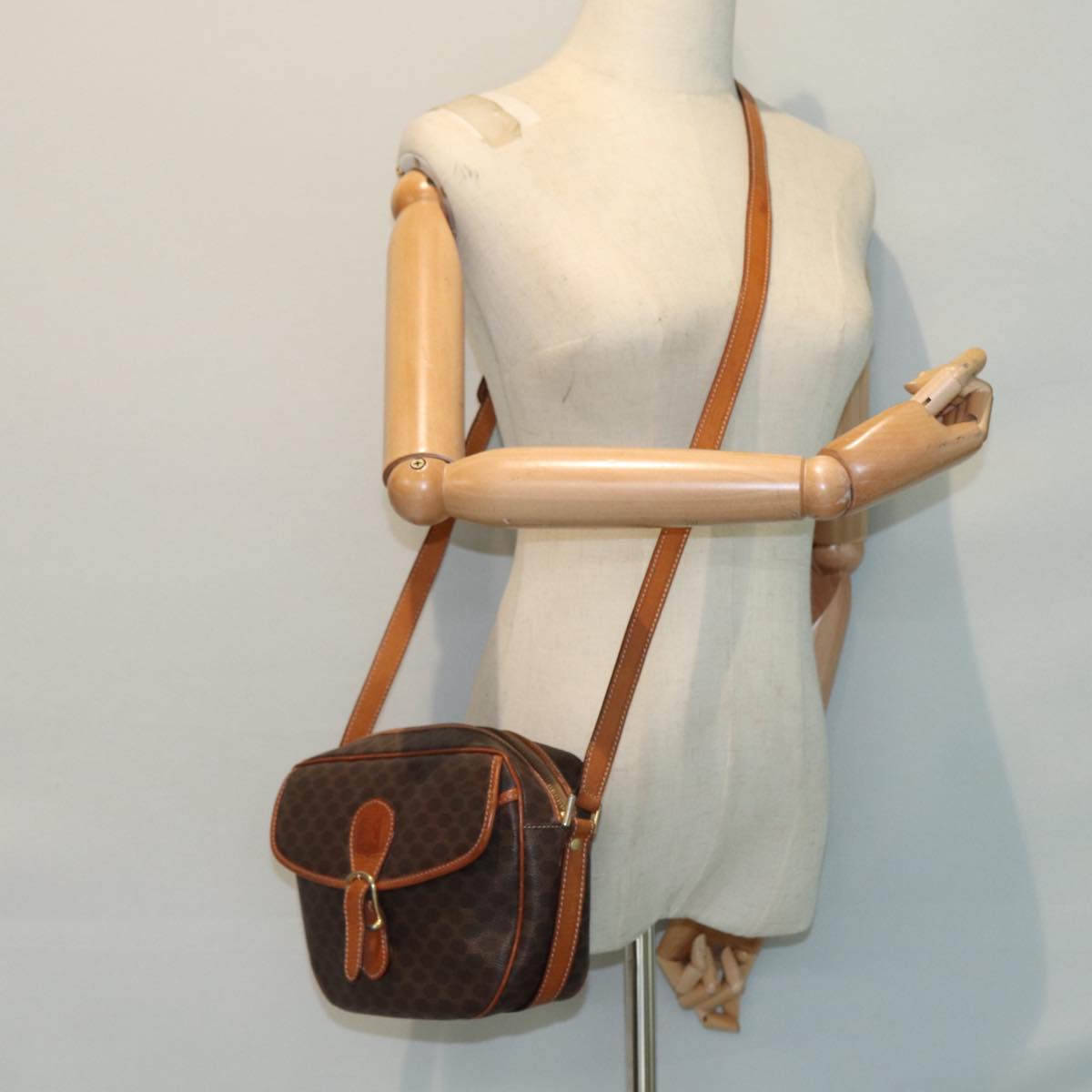 CELINE Macadam Canvas Shoulder Bag PVC Leather Brown Gold Auth ar12392