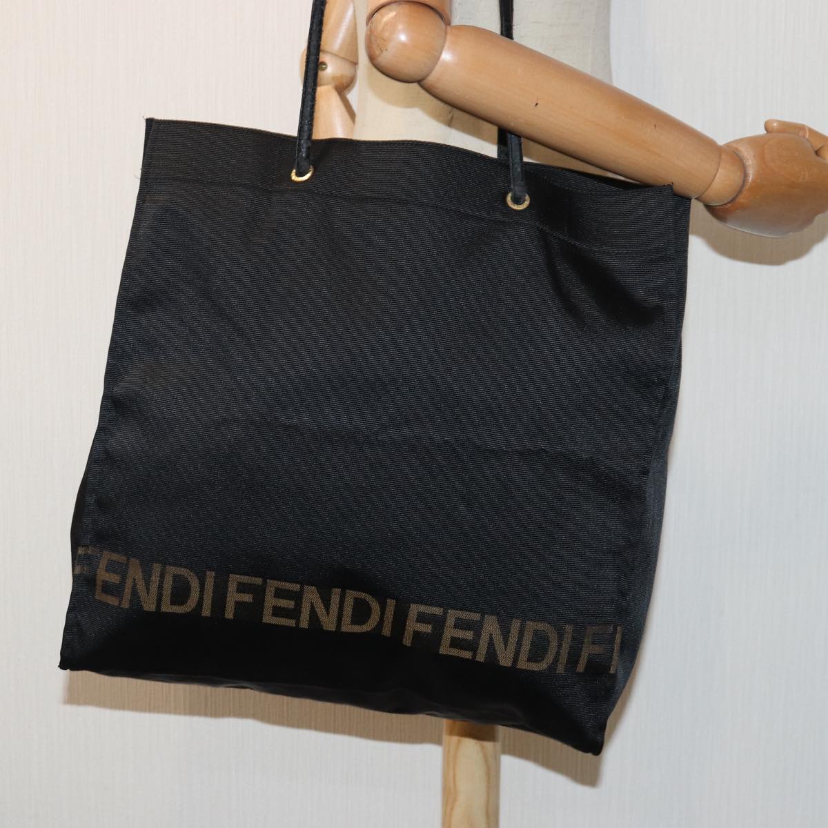 FENDI Tote Bag Nylon Black Gold Auth ar12397