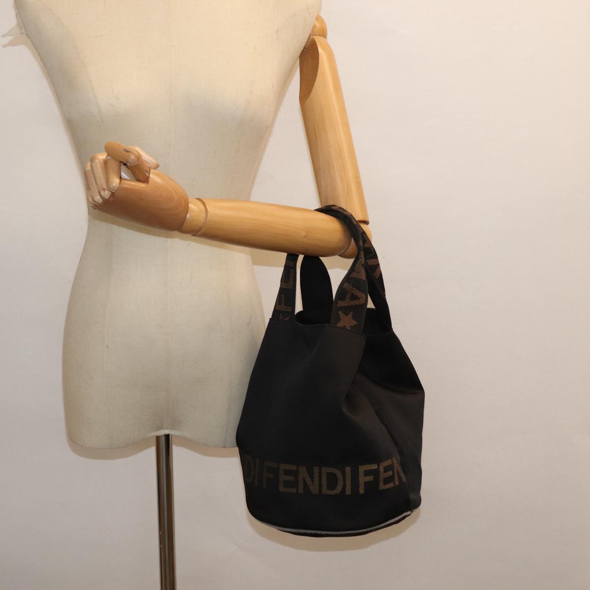 FENDI Hand Bag Nylon Black Gold Auth ar12398