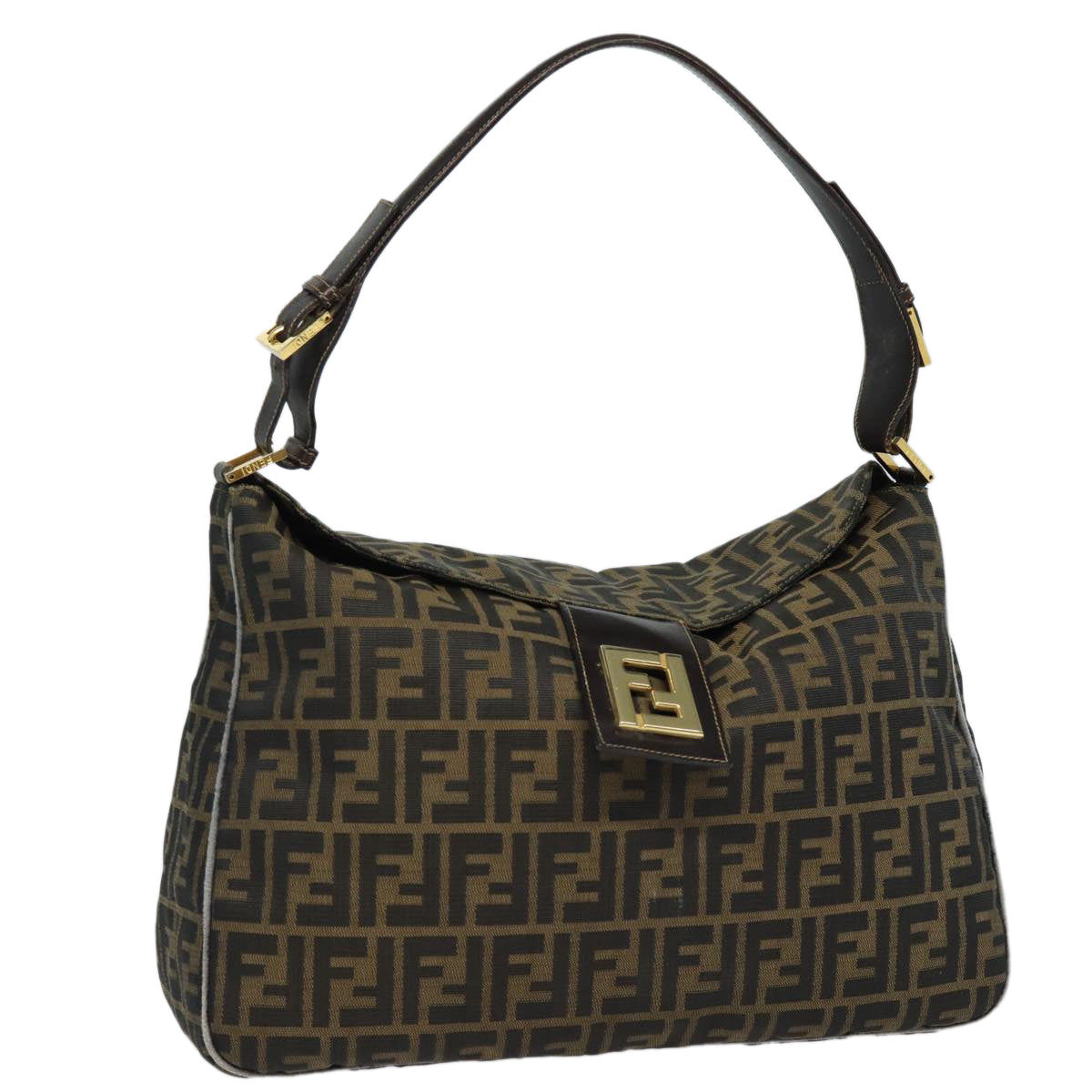 FENDI Zucca Canvas Shoulder Bag Brown Black gold Auth ar12413