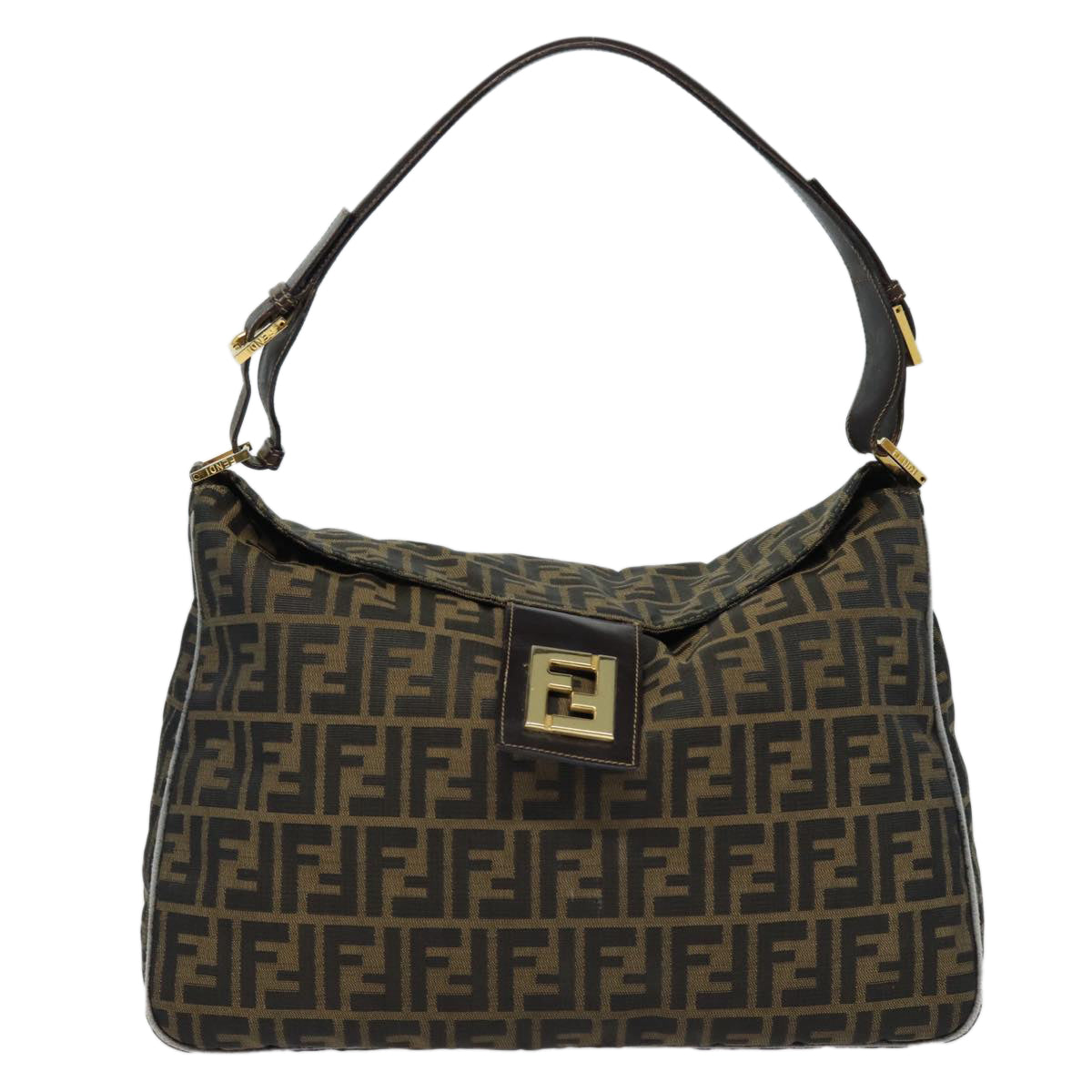 FENDI Zucca Canvas Shoulder Bag Brown Black gold Auth ar12413