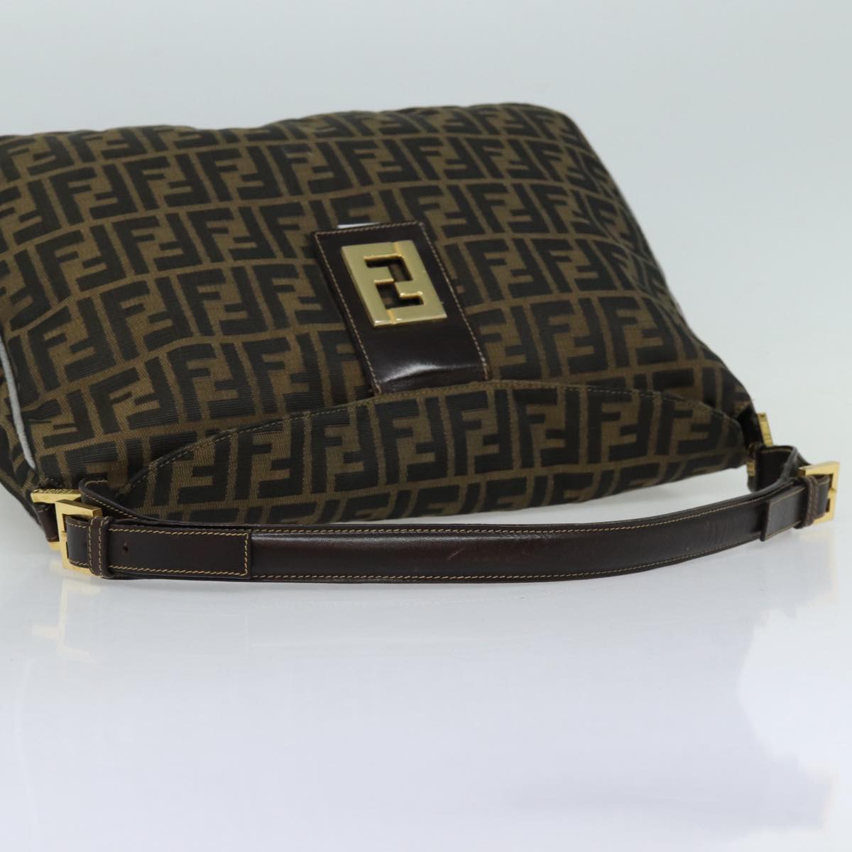 FENDI Zucca Canvas Shoulder Bag Brown Black gold Auth ar12413