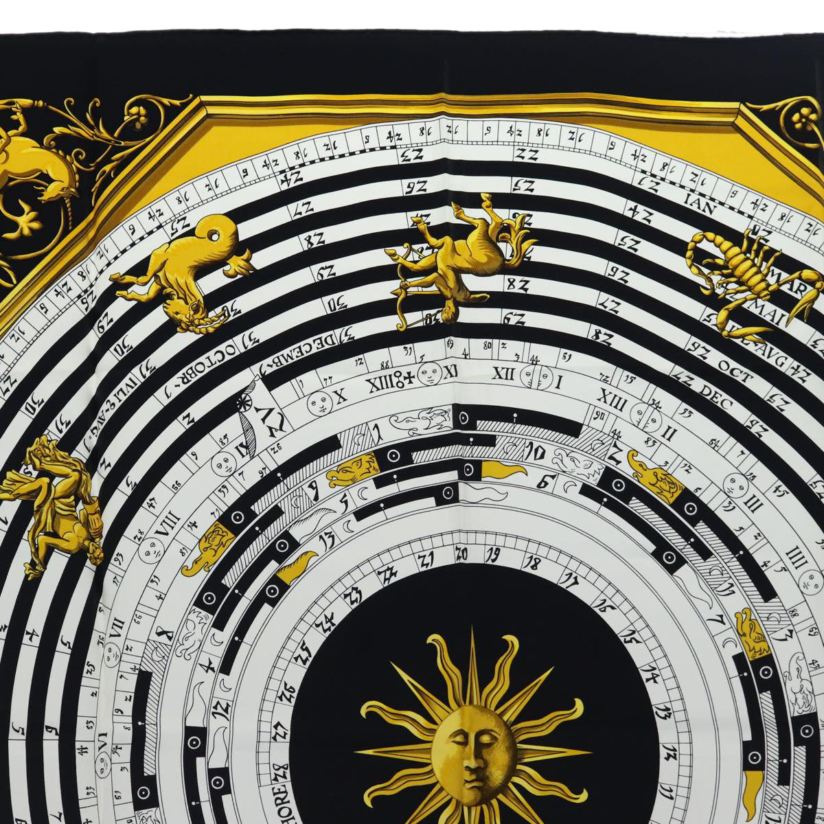 HERMES Carre 90 Scarf DIES ET HORE Silk Black White Auth ar12415