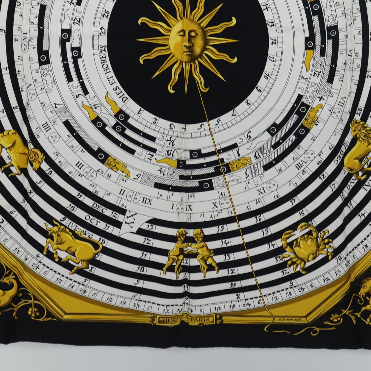 HERMES Carre 90 Scarf DIES ET HORE Silk Black White Auth ar12415