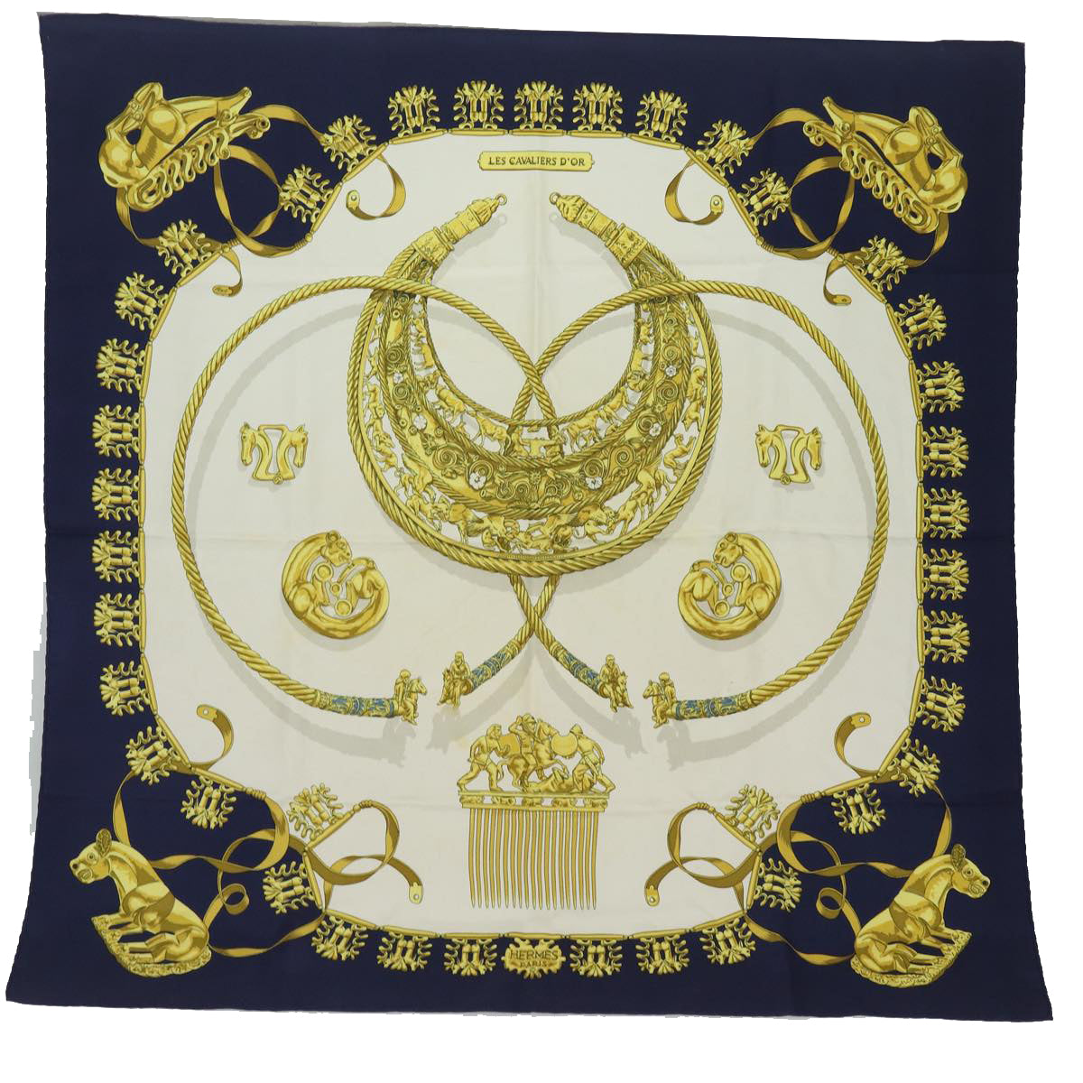 HERMES Carre 90 Scarf Silk ""LES CAVALIERS D'OR"" Navy White Auth ar12421