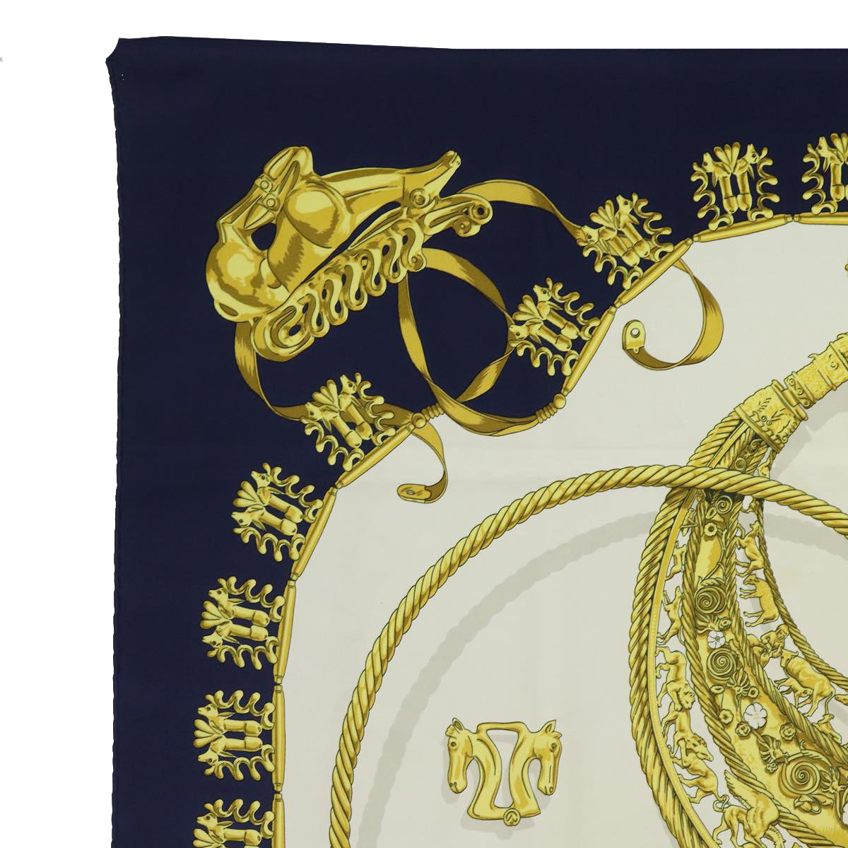 HERMES Carre 90 Scarf Silk ""LES CAVALIERS D'OR"" Navy White Auth ar12421 - 0