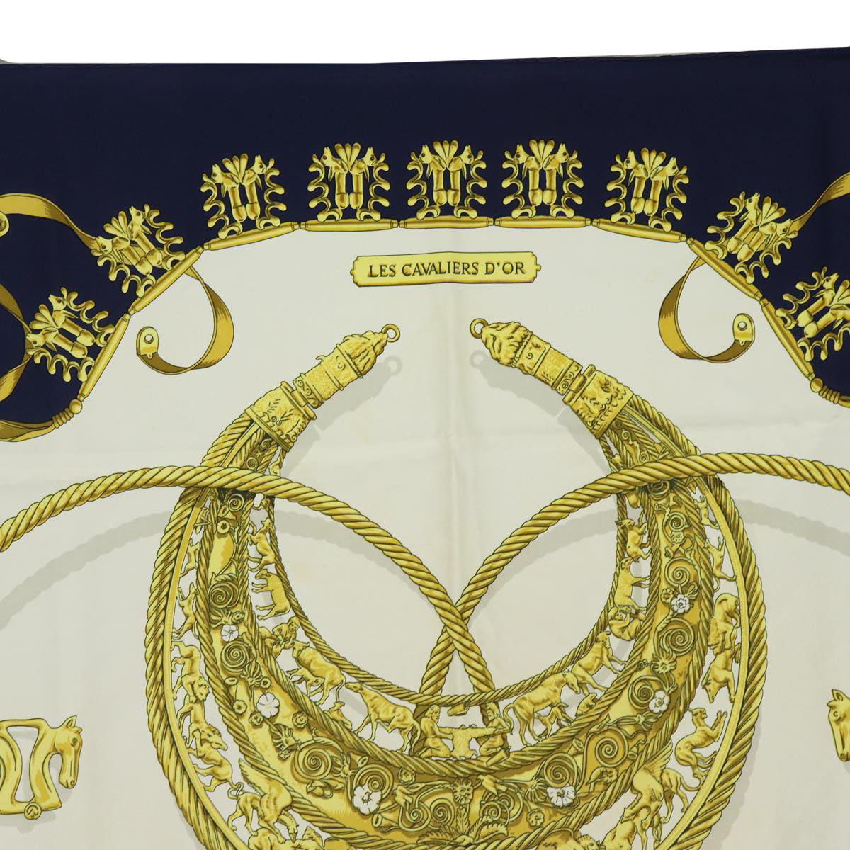 HERMES Carre 90 Scarf Silk ""LES CAVALIERS D'OR"" Navy White Auth ar12421