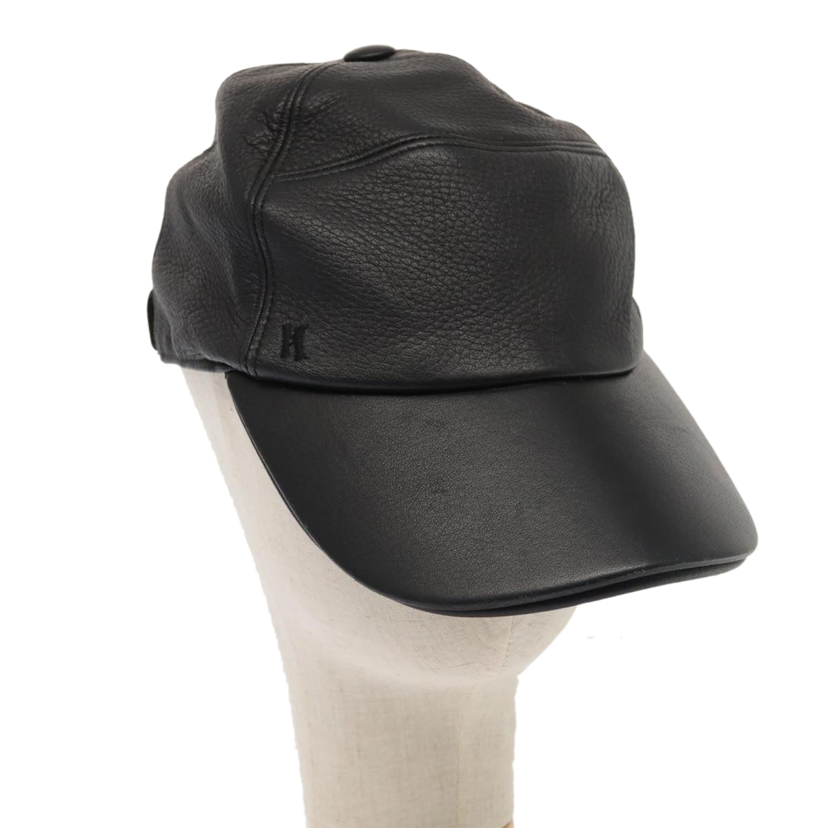 HERMES Cap Leather 58 Black Auth ar12426