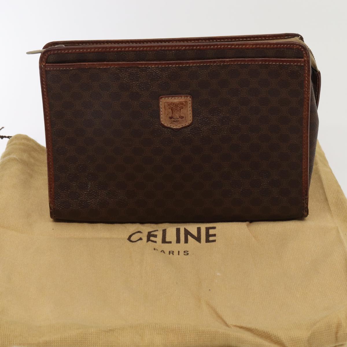 CELINE Macadam Canvas Clutch Bag 2Set Brown Khaki Auth ar12429