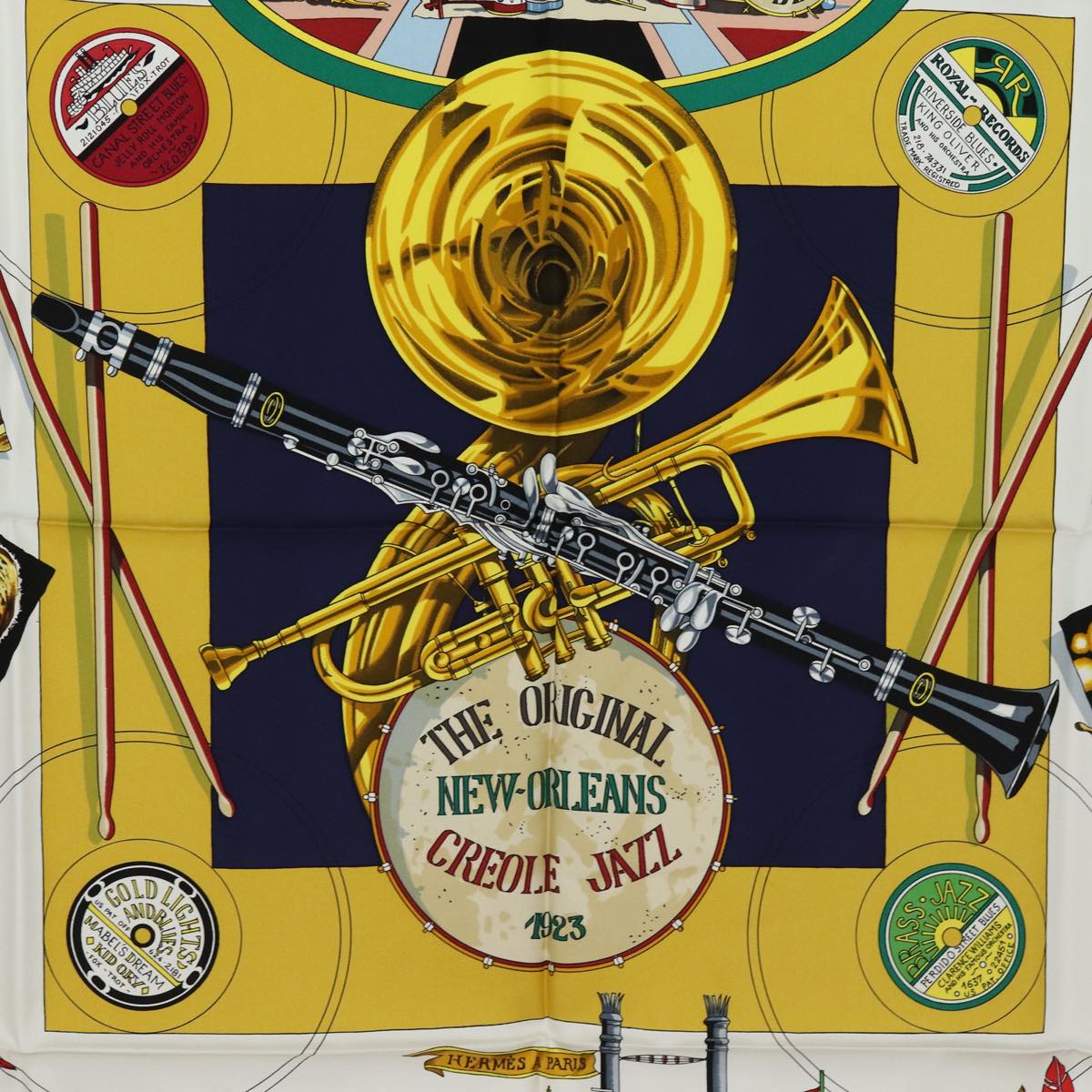 HERMES Carre 90 Scarf "The Original New Orleans Creole Jazz 1923" Auth ar12446