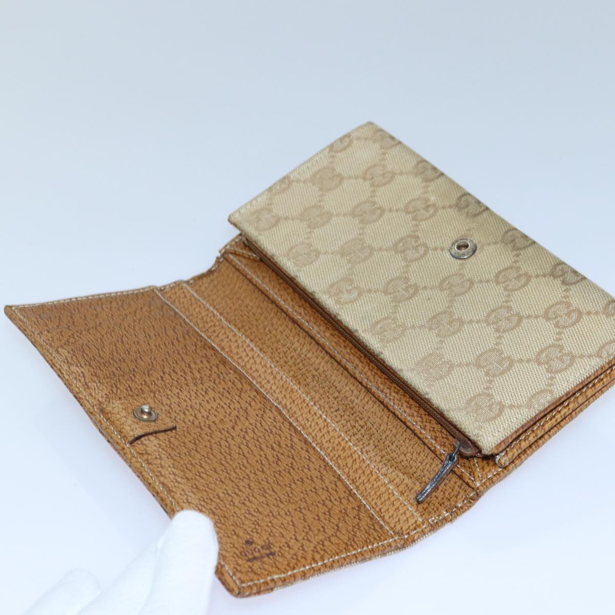 GUCCI GG Canvas Long Wallet Beige Auth ar12451