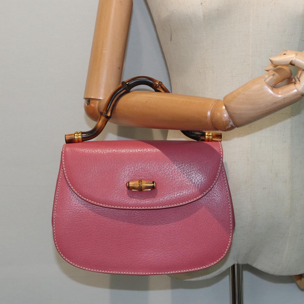 GUCCI Bamboo Hand Bag Leather Pink Gold 000 781 0244 Auth ar12497A