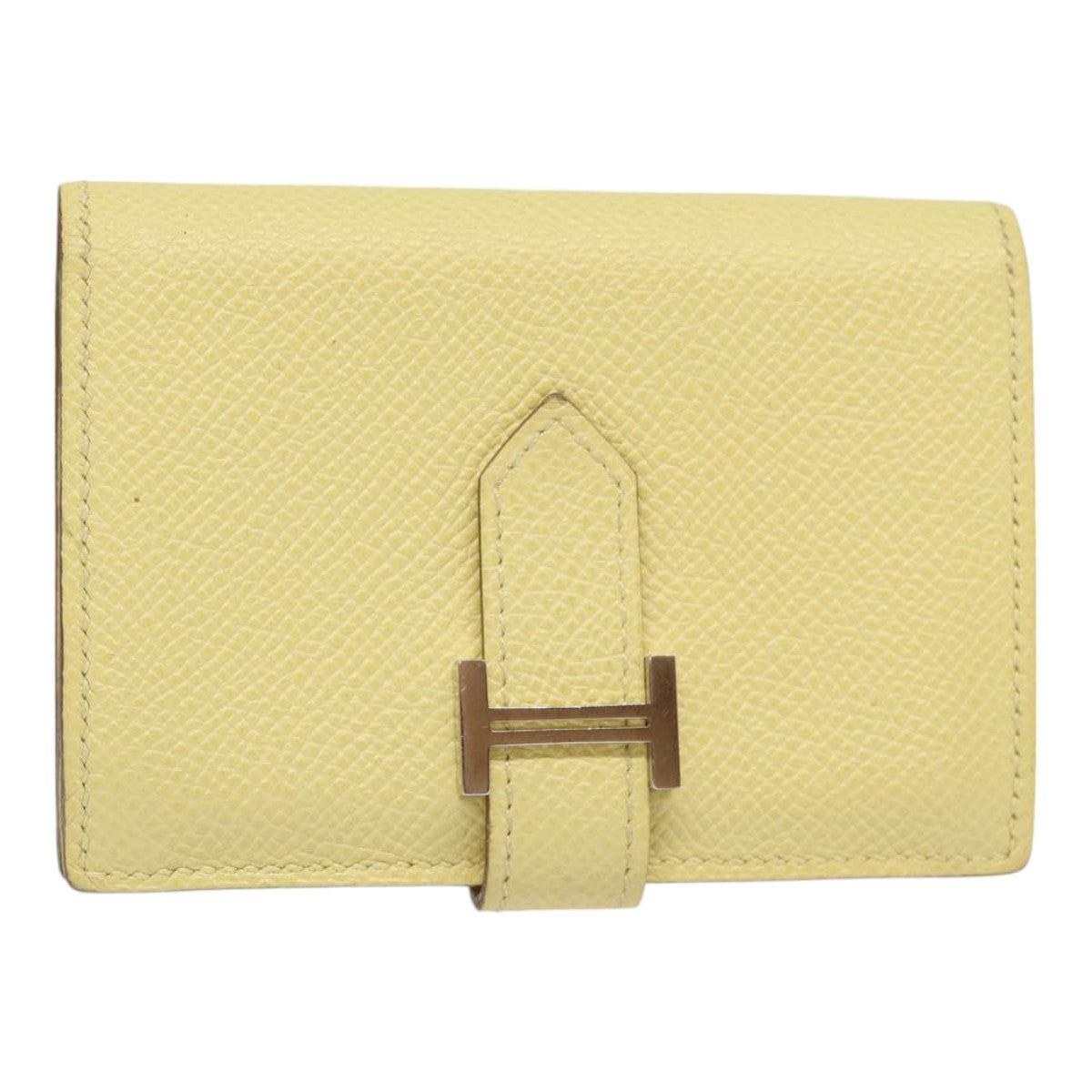 HERMES Baan Card Case Leather Yellow Silver Auth ar12506