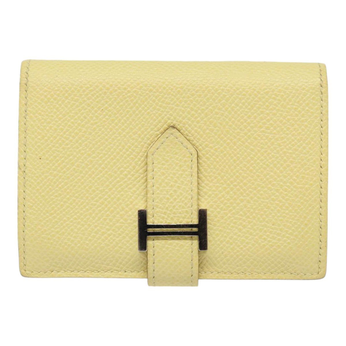 HERMES Baan Card Case Leather Yellow Silver Auth ar12506