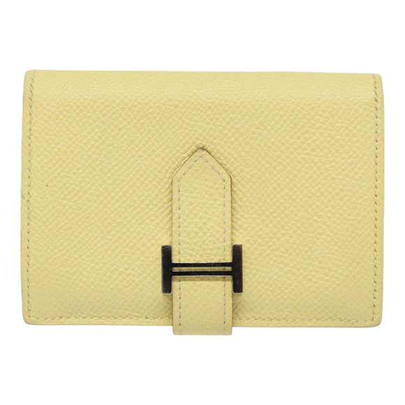 HERMES Baan Card Case Leather Yellow Silver Auth ar12506