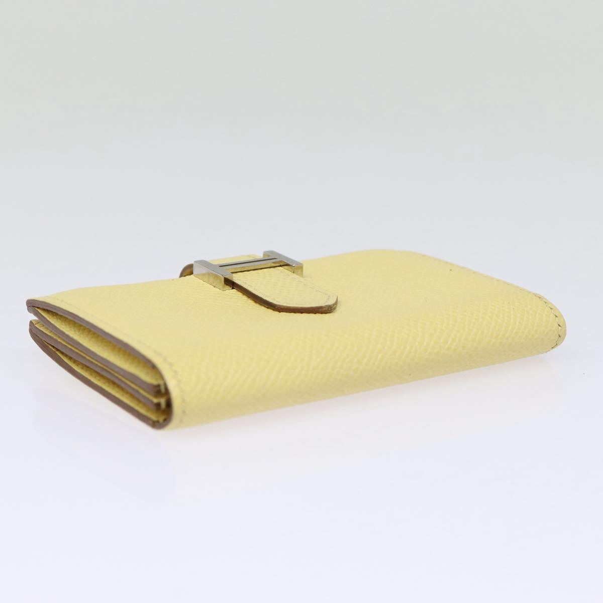 HERMES Baan Card Case Leather Yellow Silver Auth ar12506