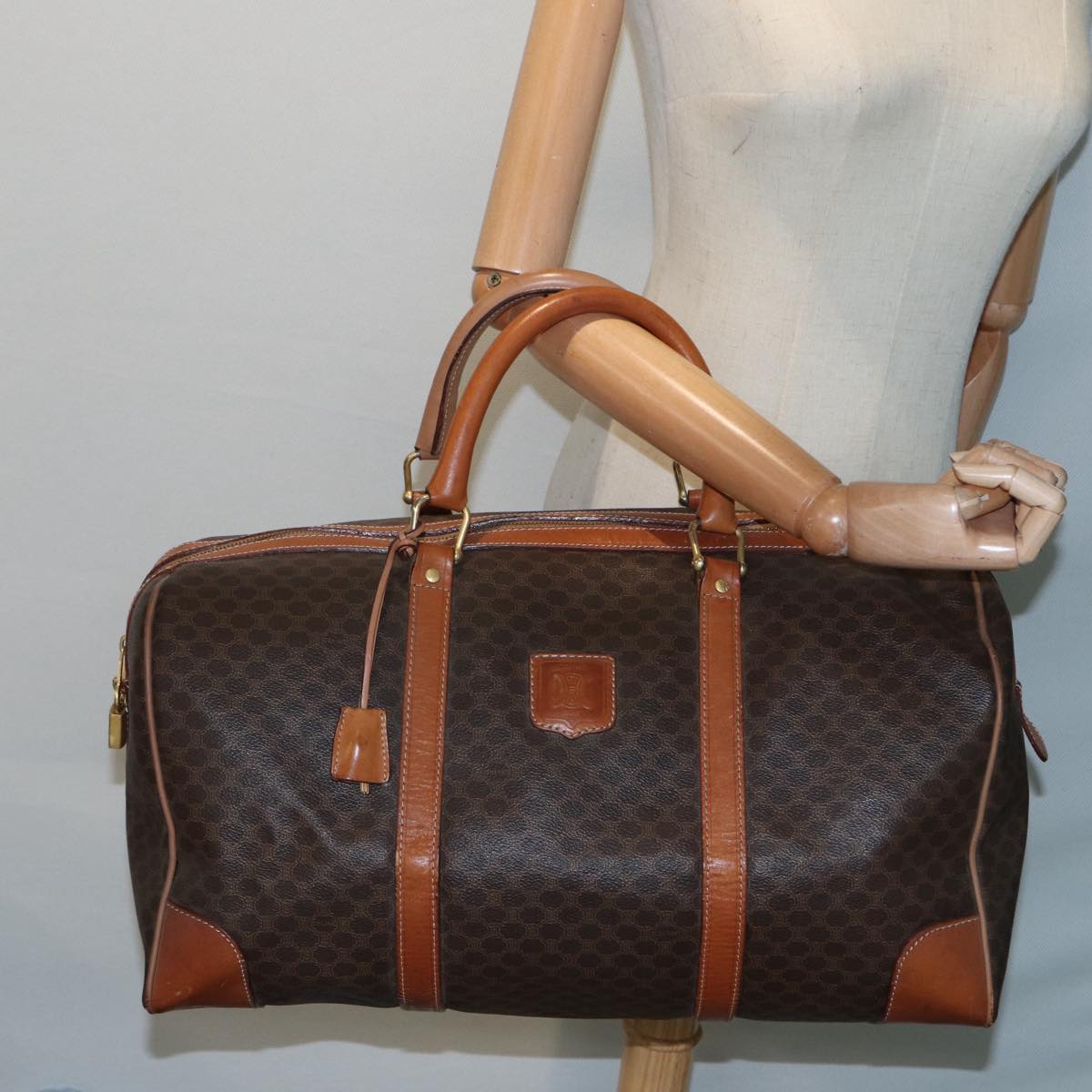 CELINE Macadam Canvas Boston Bag PVC Leather Brown Gold Auth ar12512