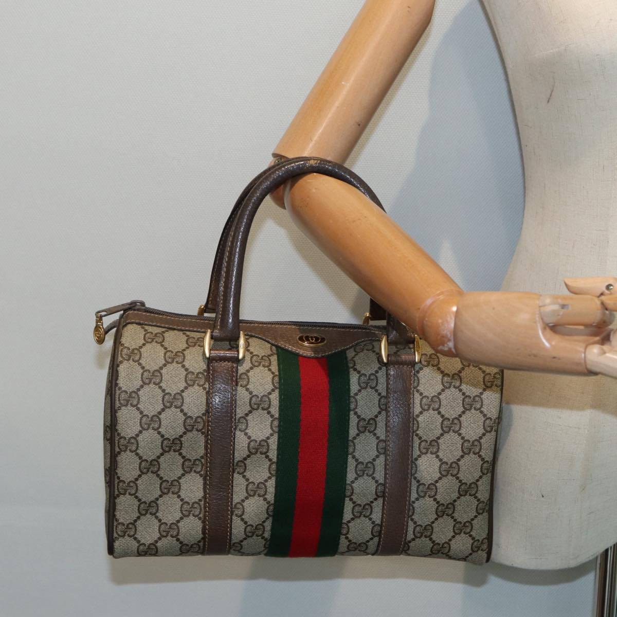 GUCCI GG Supreme Web Sherry Line Boston Bag PVC Beige 69 02 006 Auth ar12526