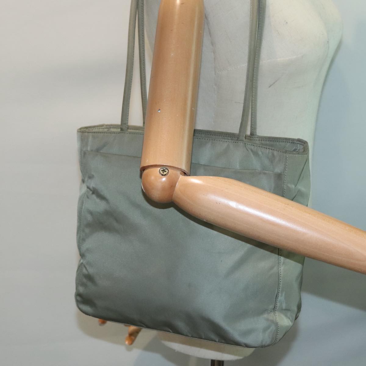 PRADA Tote Bag Nylon Khaki Silver Auth ar12536