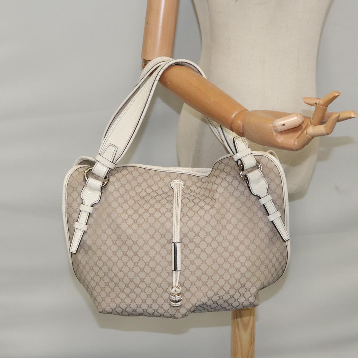 CELINE Macadam Canvas Tote Bag Beige Silver Auth ar12571