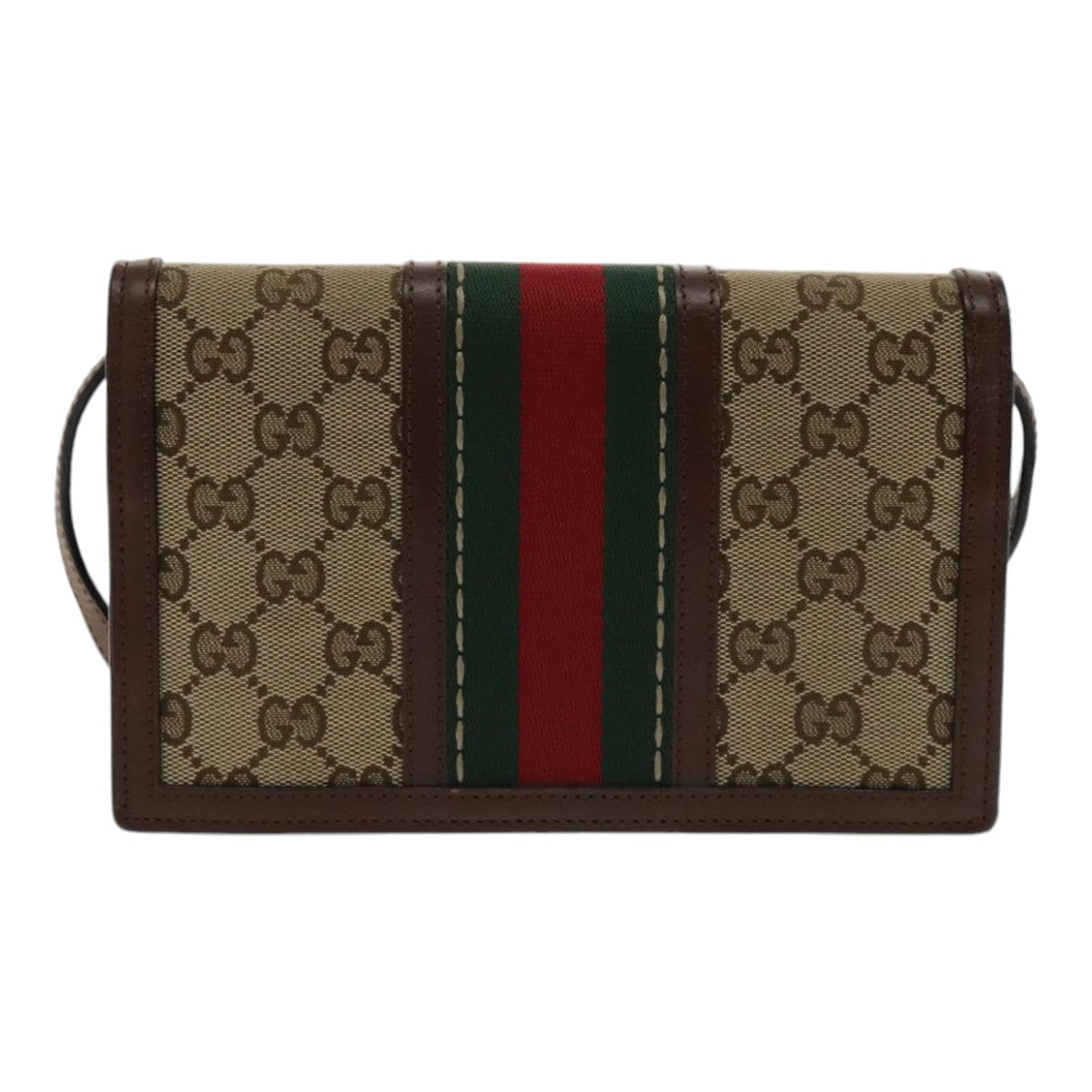 GUCCI GG Canvas Web Sherry Line Shoulder Wallet Beige Red 409439 Auth ar12591 - 0