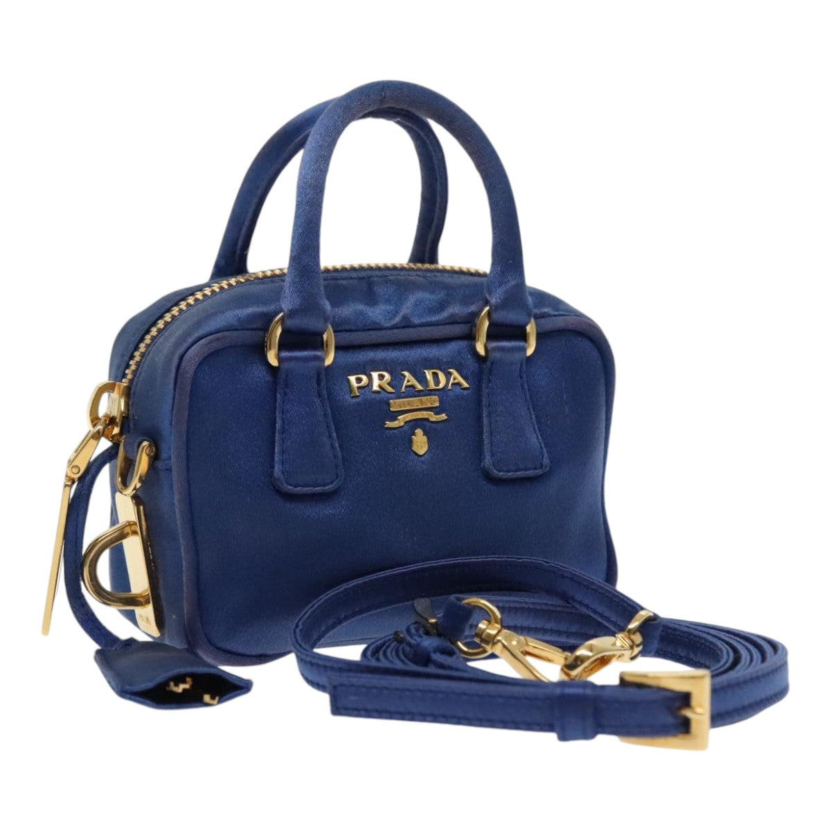 PRADA Shoulder Pouch Satin Blue Gold Auth ar12592