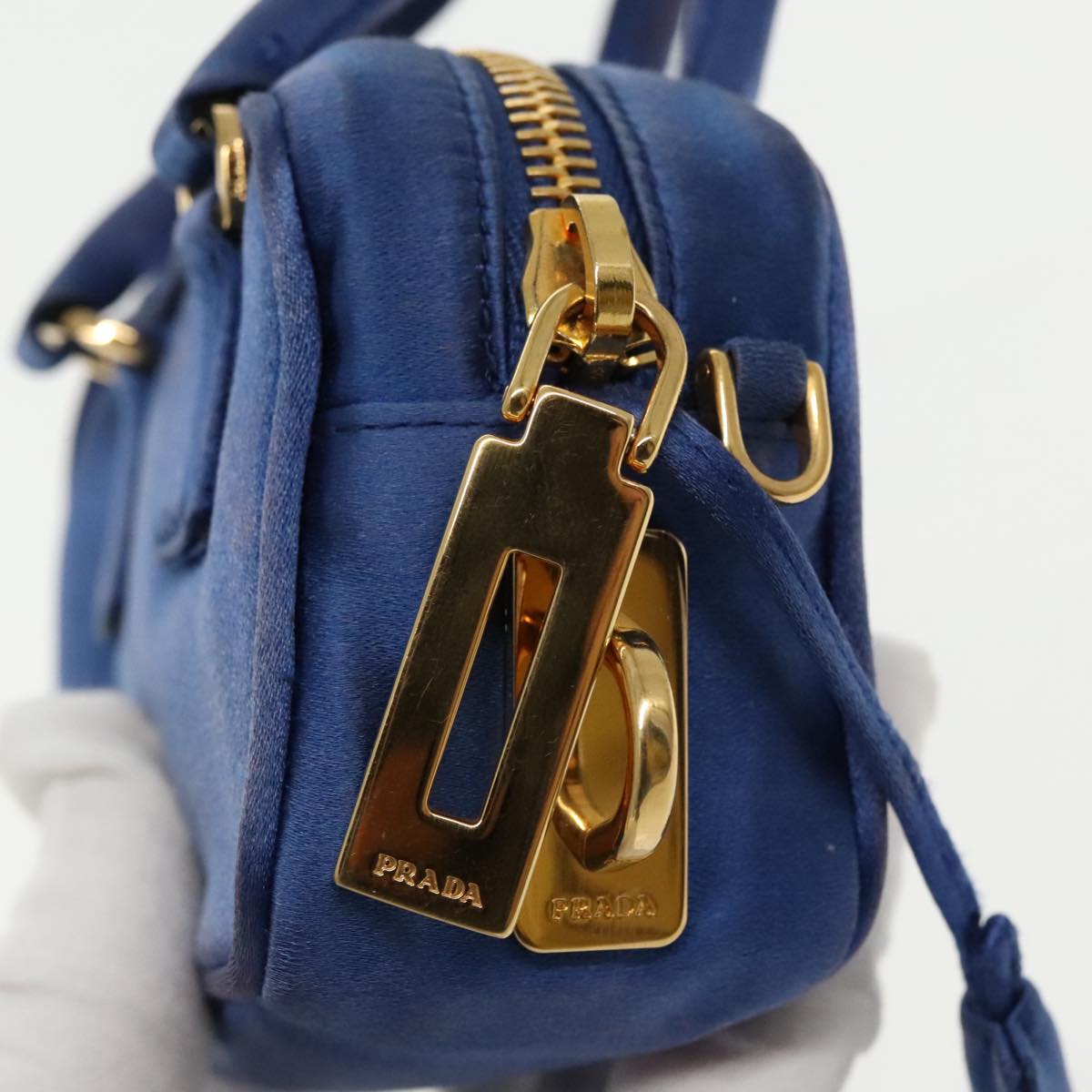 PRADA Shoulder Pouch Satin Blue Gold Auth ar12592