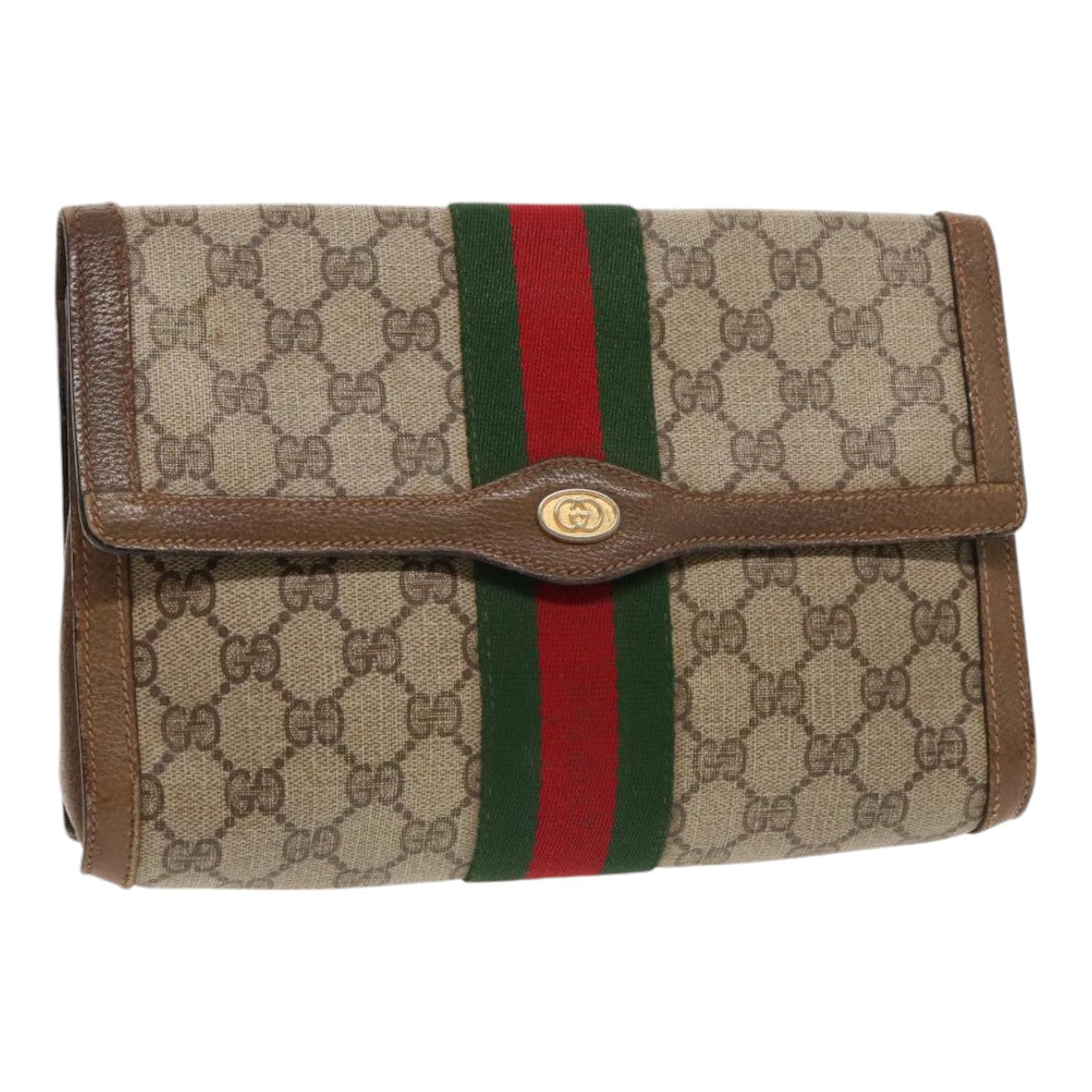 GUCCI GG Supreme Web Sherry Line Clutch Bag PVC Beige Red 89 01 006 Auth ar12601