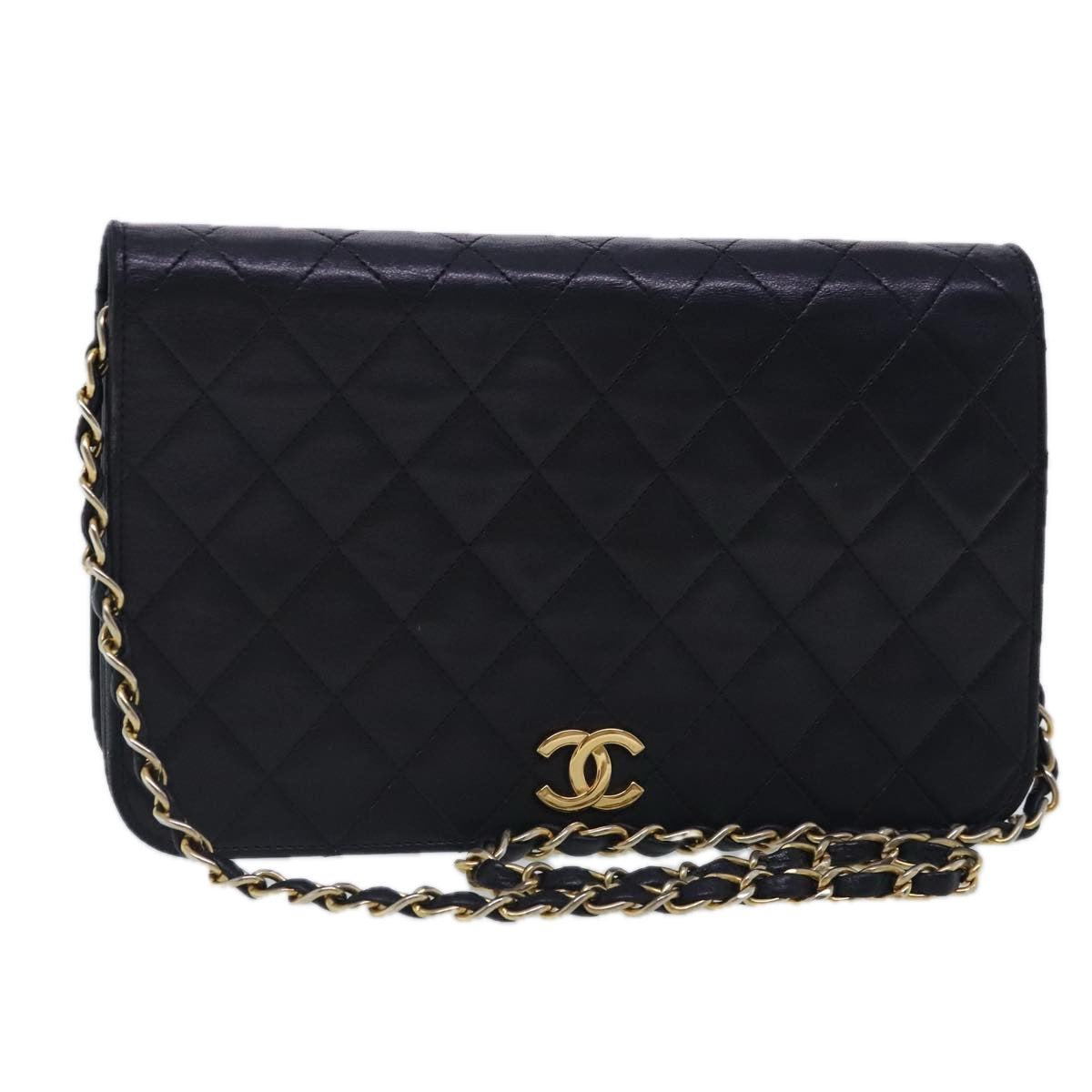 CHANEL Matelasse Chain Shoulder Bag Lamb Skin Black Gold CC Auth ar12621