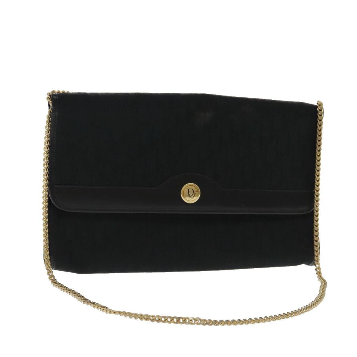 Christian Dior Trotter Canvas Chain Shoulder Bag Black Gold Auth ar12657