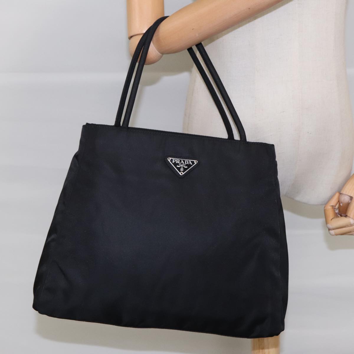 PRADA Tote Bag Nylon Black Silver Auth ar12670