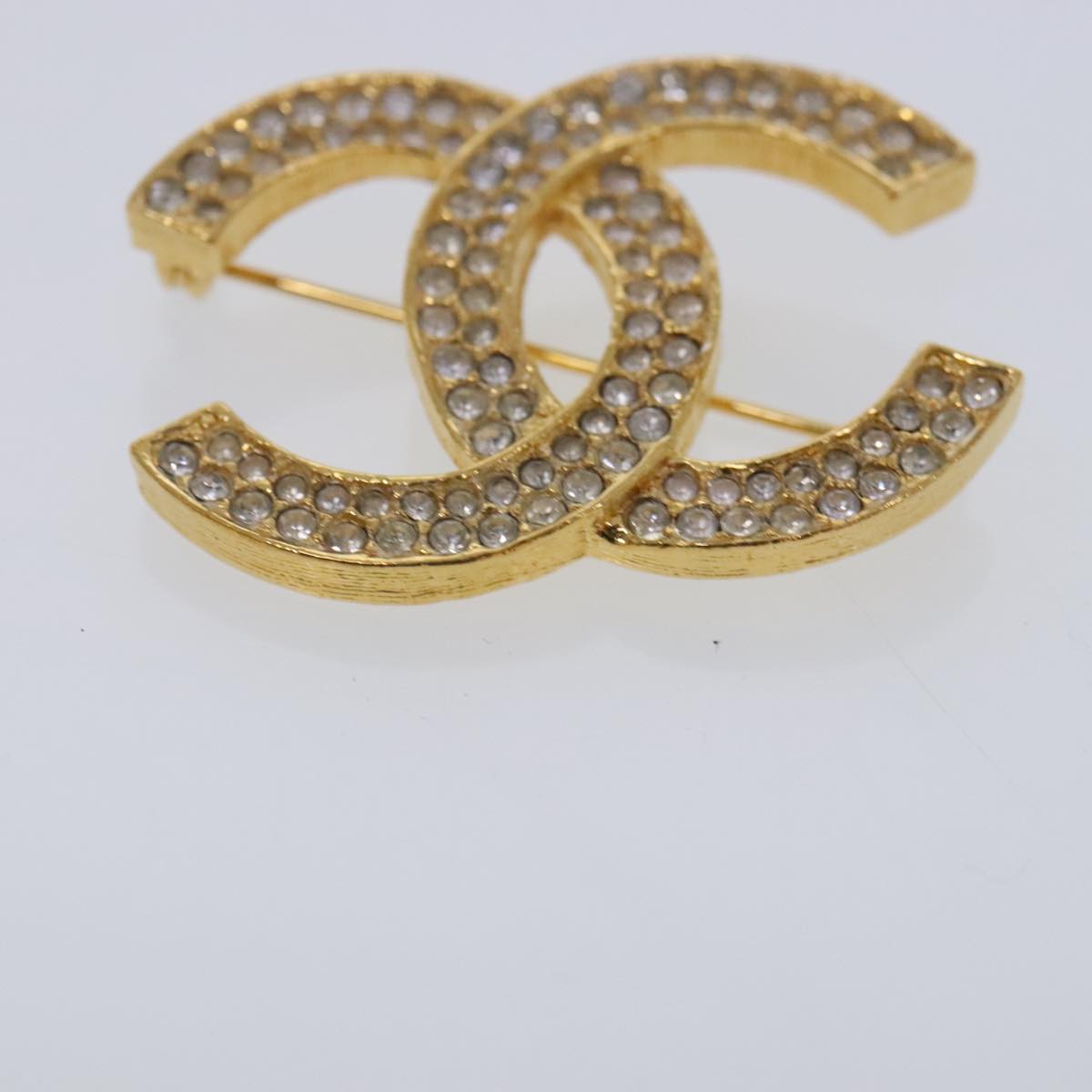 CHANEL COCO Mark Rhinestone Brooch metal Gold Tone CC Auth ar12671