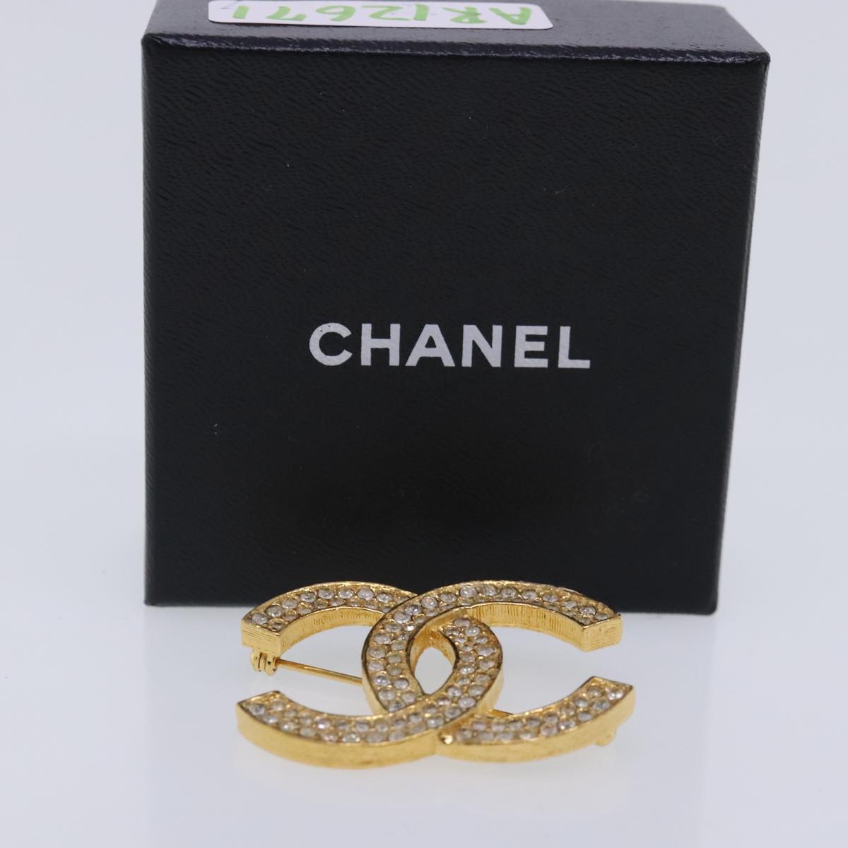 CHANEL COCO Mark Rhinestone Brooch metal Gold Tone CC Auth ar12671