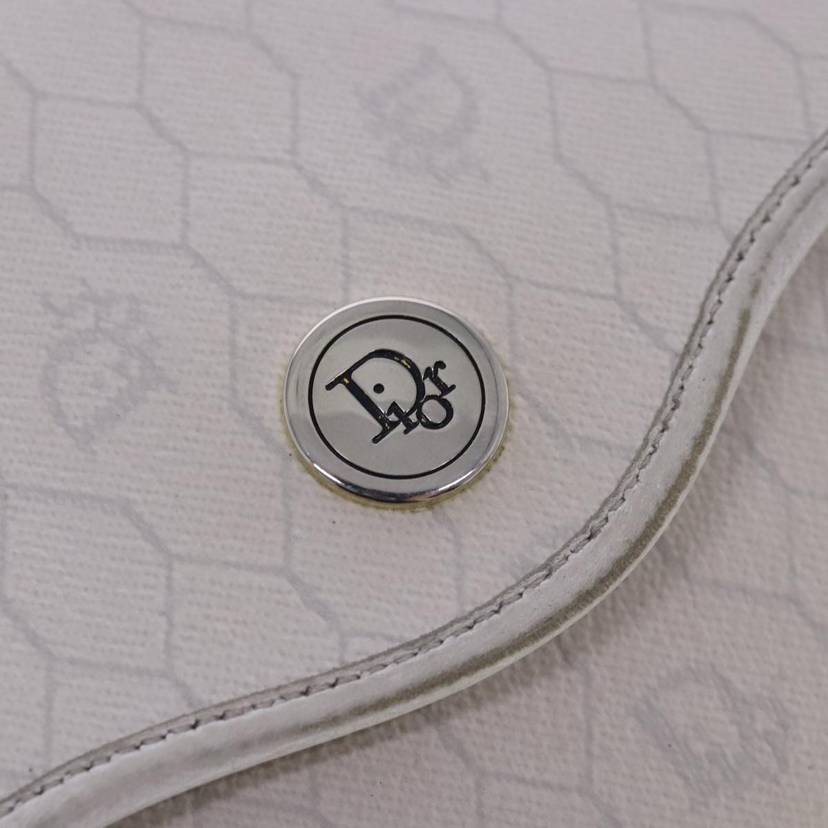 Christian Dior Honeycomb Canvas Shoulder Bag PVC Leather White Gold Auth ar12676