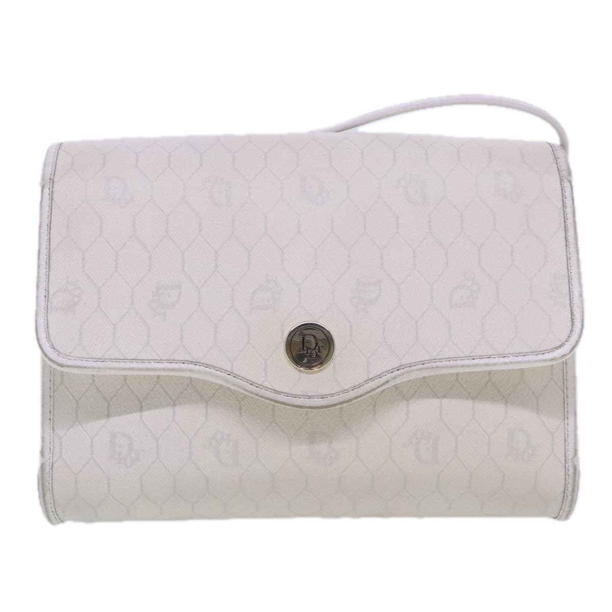 Christian Dior Honeycomb Canvas Shoulder Bag PVC Leather White Gold Auth ar12676 - 0