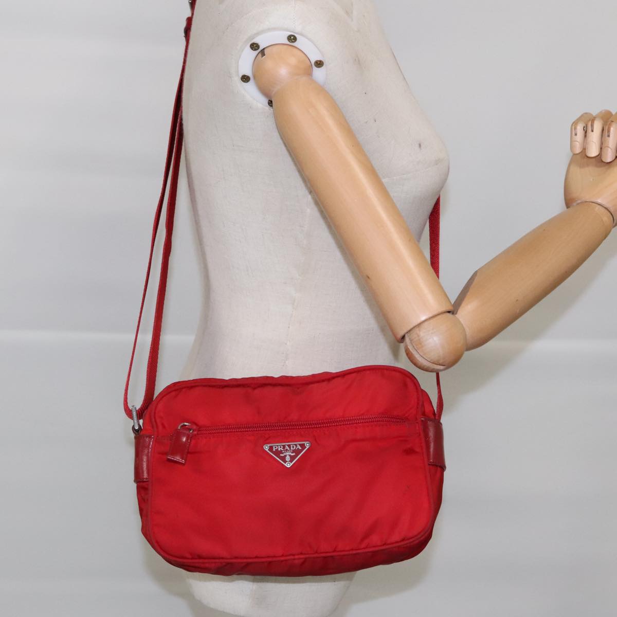 PRADA Shoulder Bag Nylon Red Silver Auth ar12685